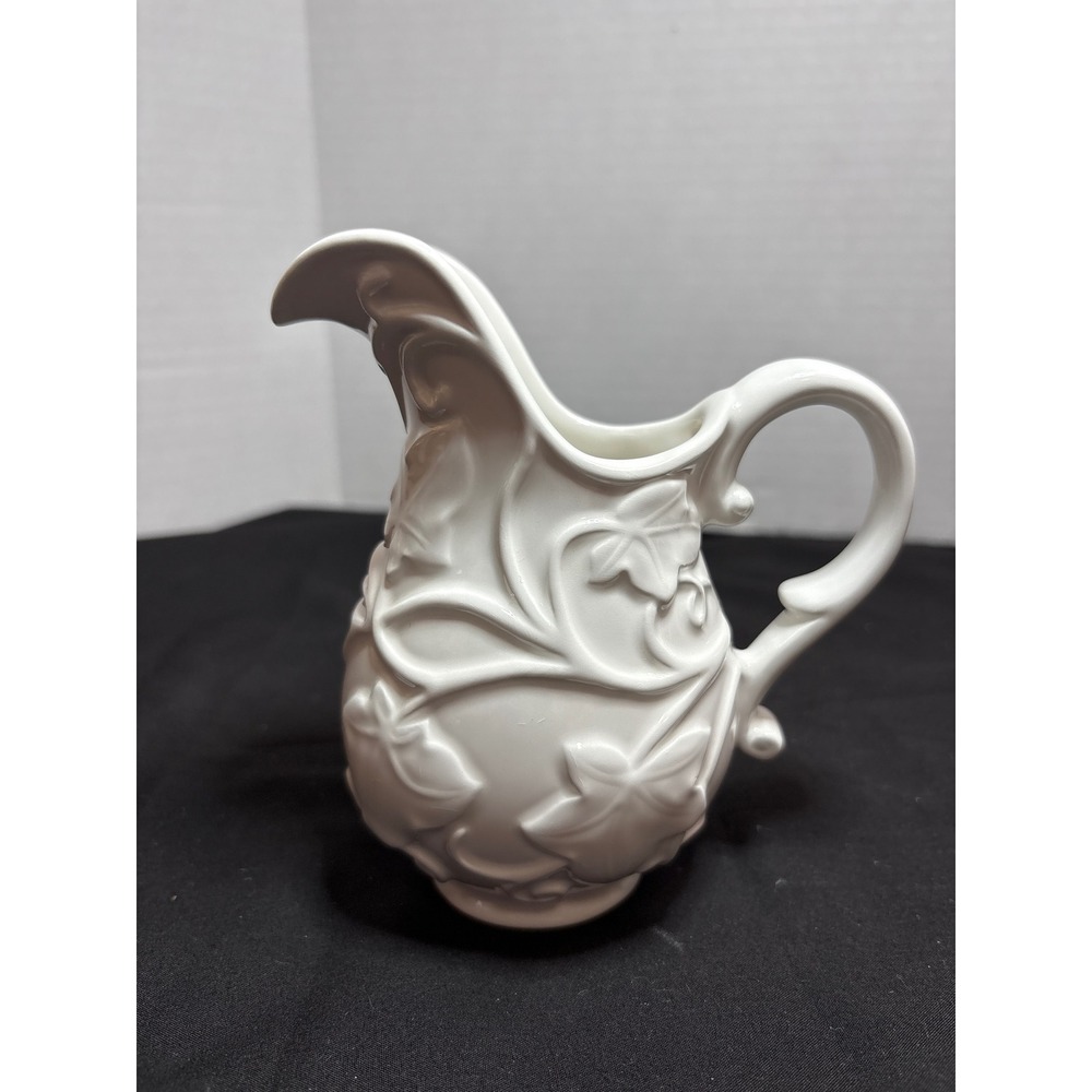 Villa Verde White Ceramic Pitcher Embossed Leaf Detail Creamer Serving‎